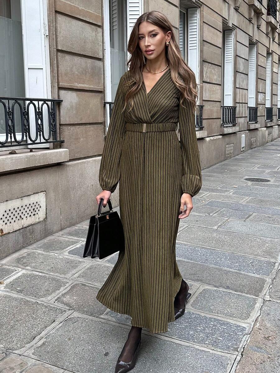 SHEIN PariChic Váy mùa đông sọc xanh ô liu Qianqian Leaf - xanh quân đội - Xem 1