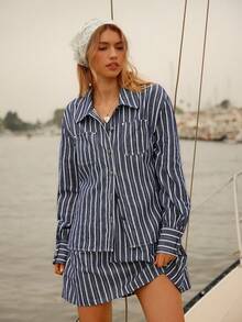 WESTFADE Cotton Blend Striped Collared Button Front Loose Fit Shirt Autumn, Winter, Cute Fall Top, Boho, Casual Cute - Blue - View 4
