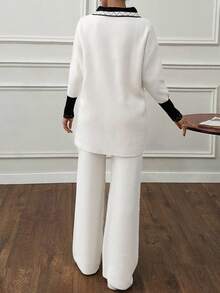 EURMUSE Women Peter Pan Collar Ribbon Detailed Drop Shoulder Sweater & Sweater Pants Set,Petite,Winter Clothes - Beige - View 7
