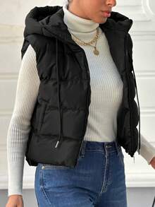EURMUSE Zip Up Drawstring Hooded Vest Puffer Coat - Black - View 1