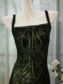 SHEIN Unity Vestido casual de mujer con cuello de encaje, volantes en el busto, cordón en la cintura y abertura lateral - Verde Oscuro - Ver 3