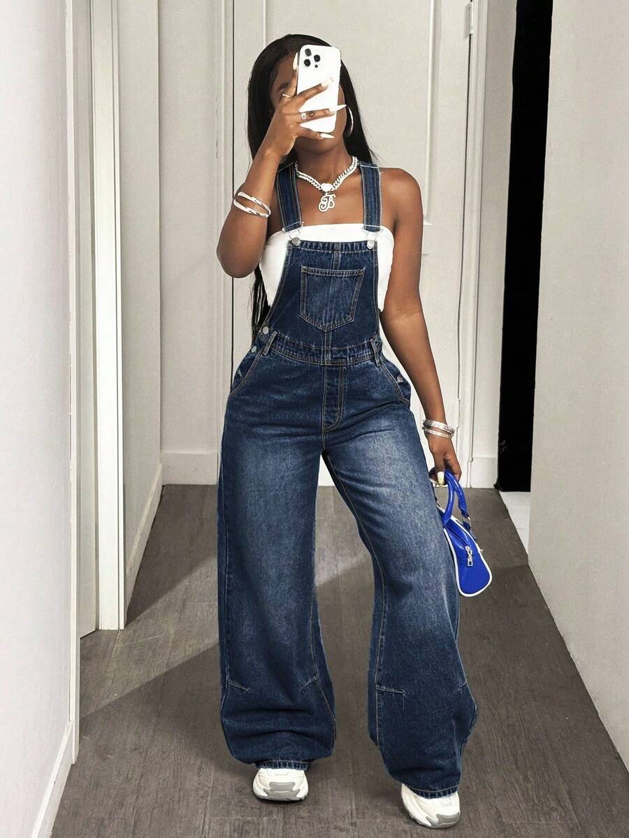 Slaydiva Women's Casual Washed Loose Denim Bib Pants - Dark Wash - View 1