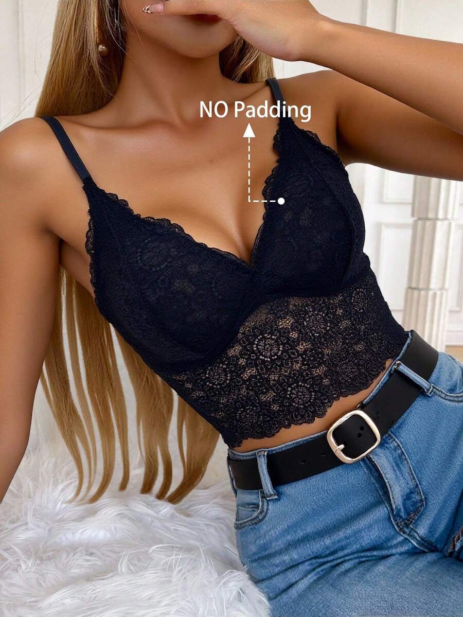 SHEIN 1 pieza Camiseta interior sin costuras y sin aros de encaje para mujer - Negro - Ver 1