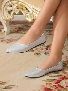 CUCCOO TILAWA Fashionable Pointed Toe Slip-On Silver Rhinestone Embellished Luxury Women Flat Shoes, Comfortable Everyday Wear - Silver - View 7