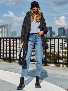 EURMUSE Flap Pocket Hooded Puffer Coat - Black - View 5