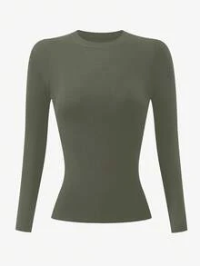 INAWLY Olive Green Women's Slim Fit Long Sleeve Crew Neck T-Shirt - Army Green - View 3
