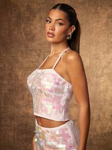 Hauture Sexy Pink Sequin Cami Top – Party & Night Out Bodycon Top For Going Out & Holiday