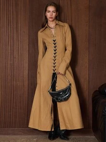 Easelle 女士西部风格长袖镂空设计长款休闲风衣，搭配西部靴，适合秋冬季节穿着。 - 卡其色 - 查看 1