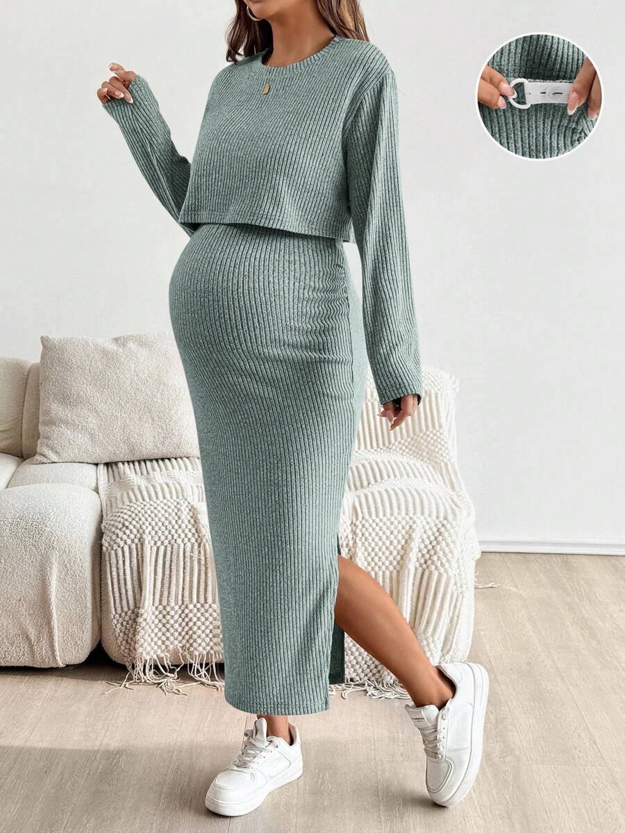 SHEIN Maternity Solid Color Round Neck Short Sleeve Top And Skirt 2 Pieces Set Knit Two Piece Set Modest Two Piece Set Two Piece Set Women Dress Ribbed Two Piece Set Comfortable Two Piece Set - Blue - View 1