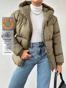 EURMUSE 女式休闲纯色拉链连帽长袖棉服外套，秋冬 - 米色 - 查看 1