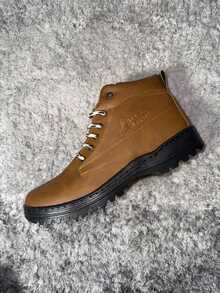 Hombre resistente costura doble punta redonda cordones gruesos suela dentada estilo outdoor trabajo excursión bota alta - Amarillo - Ver 2