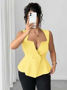 Elenzga Blusa sin mangas de unicolor elegante para tallas grandes con cuello en V - amarillo ganso - Ver 1
