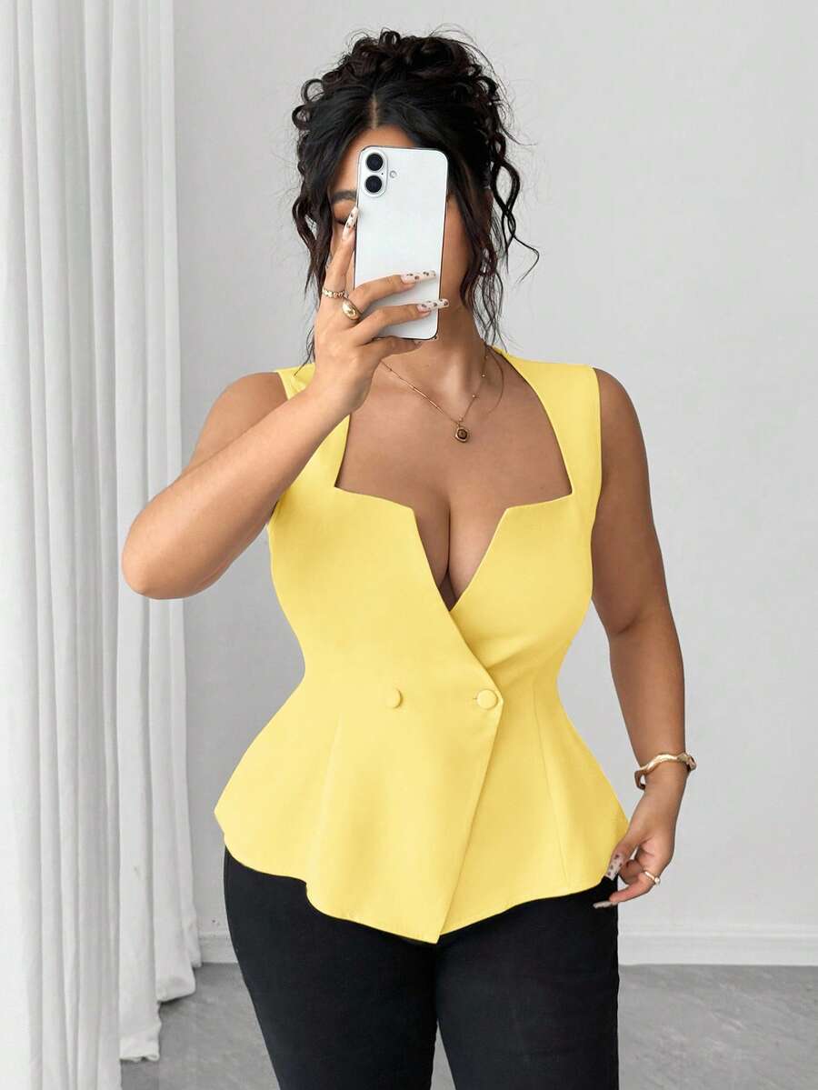 Elenzga Blusa sin mangas de unicolor elegante para tallas grandes con cuello en V - amarillo ganso - Ver 1