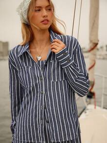 WESTFADE Cotton Blend Striped Collared Button Front Loose Fit Shirt Autumn, Winter, Cute Fall Top, Boho, Casual Cute - Blue - View 6