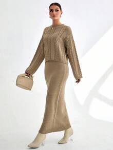 CLARA VERO Women Cable Knit Textured Pattern Pullover Sweater And Maxi Skirt Knit Two Piece Set,Co Ord,Winter Clothes - Cream - View 6