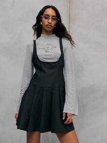 TypaGal This Fashion-Forward Piece Combines A Gray Printed Top With A Black Sleeveless Mini Dress Overlay. The Playful Layered Look Makes This Black Dress Unique And Street-Style Ready. - Dark Grey - View 2