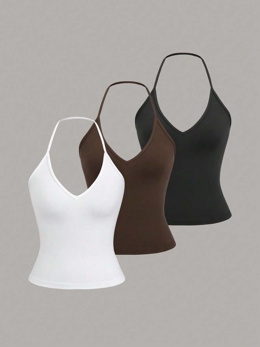 Sweetra 3pcs Women's Sleeveless Solid Color Camisole Set With Adjustable Spaghetti Straps, Versatile - Multicolor - View 1