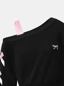 SHEIN 青少年女孩不对称领蝴蝶结装饰长袖套头衫 - 黑色 - 查看 3