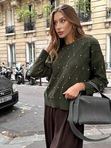 Chiquease French Style New Rhombus Studded Loose Pullover Sweater, Autumn/Winter - Army Green - View 6