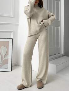 EURMUSE Mock Neck Knitted Pullover Hunky Knit Tunic Sweater Set - Mocha Brown - View 4