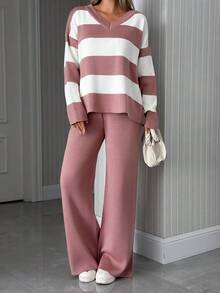 SHEIN Women's Striped V-Neck Long Sleeve Top And Solid Color Pants Sweater 2-Piece Set