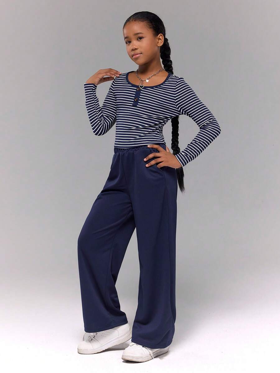 Girls Casual Striped Contrast Color Knit Round Neck Long Sleeve Top And Solid Color Knit Straight Leg Pants 2 Pieces Set - Multicolor - View 1