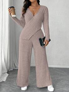 Calvaya Plus Size Soft Knit Ribbed Fabric Criss-Cross Long Sleeve T-Shirt + Soft Ribbed Wide Leg Pants Casual Homewear 2 Pieces Set - Pink - View 3
