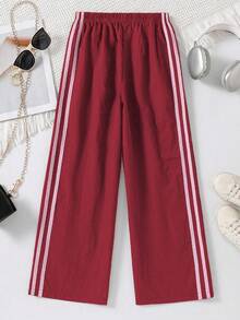 SHEIN Tween Girl Striped Print Elastic Waist Casual Pants - Burgundy - View 2