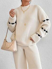 SHEIN Women Sweater With Heart And Pant 2 Pieces - Beige - View 8