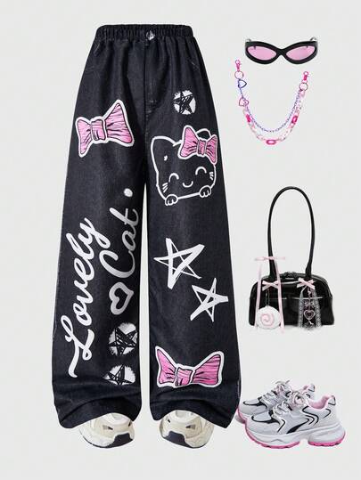 Sparklyn 青少年女孩松紧腰宽松印花阔腿裤，适合街头和日常穿着，适合春秋季