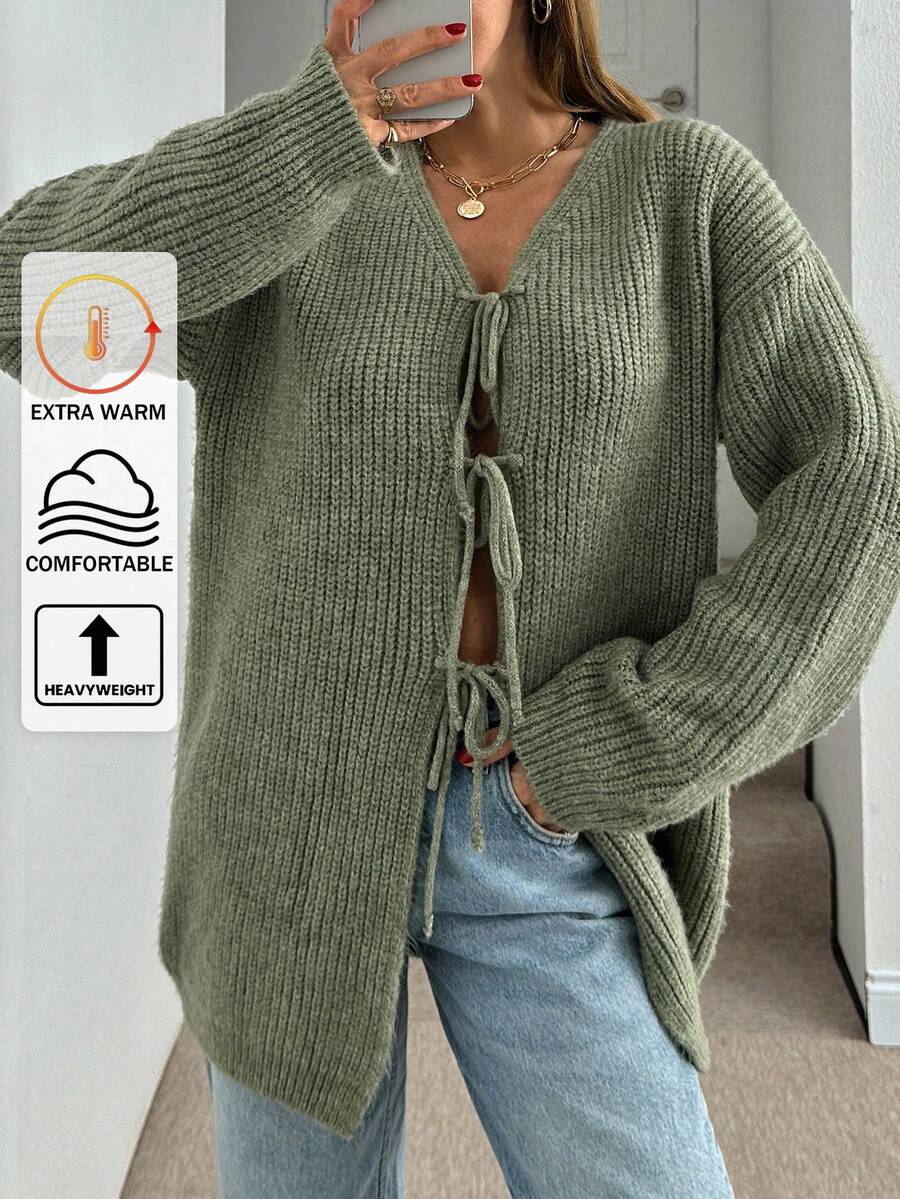 EURMUSE Damen einfarbiger Cardigan mit Schleife vorne, Drop Shoulder, strickig