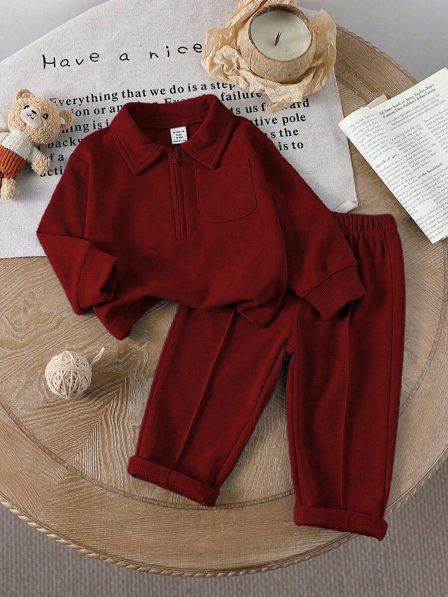 SHEIN Baby Boy/Girl Casual Outfit, Featuring Warm Color Palette And Minimalist Elegant Style. Comfortable And Suitable For Slightly Cool Seasons. Solid Color Half-Zip Collared Long Sleeve Top, Easy Pull-On Design; Paired With Solid Color Waistband-Free Pants. Suitable For Strolling, Leisure, Light Exercise, Or Cozy Family Gatherings, Allowing Your Little One To Shine With Childlike Charm And Vitality. - Burgundy - View 1