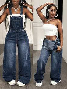 Slaydiva Women's Casual Washed Loose Denim Bib Pants - Dark Wash - View 3