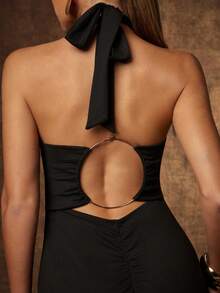 Hauture Sexy Gold O-Ring Cut Out Jumpsuit – Open Back Halter Neck Wide Leg Night Out & Party Outfit - Black - View 2