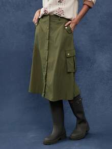 WESTFADE 尼龙高腰纽扣前 A 字型工装中长裙 秋季、秋季、冬季、波西米亚风、牛仔风、休闲、可爱