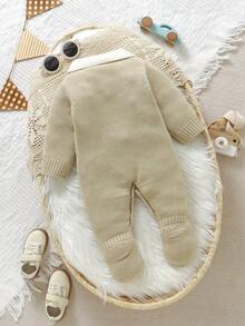 SHEIN 新生儿婴儿蓝色彼得潘领毛衣连体裤，绅士风小翻领连体裤，休闲简约 - 卡其色 - 查看 2