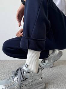 SHEIN 青少年/年轻男士休闲街头风格纯色字母标语印花慢跑裤，百搭经典基本款，适合居家、通勤、上学、日常休闲、旅行、户外、派对、秋冬 - 藏蓝色 - 查看 7