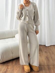 EURMUSE Women Hairy Yarn Cloud Pattern V-Neck Front Button Drop Shoulder Chunky Cardigan Sweater Pants Set Brunch Beige Autumn Casual Cute - Apricot - View 3