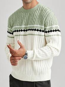 Manfinity CityGents Men's Colorblock Diamond Pattern Crew Neck Long Sleeve Sweater, Fall/Winter