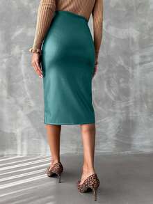 Women's Split Hem Pu Skirt - Dark Green - View 2