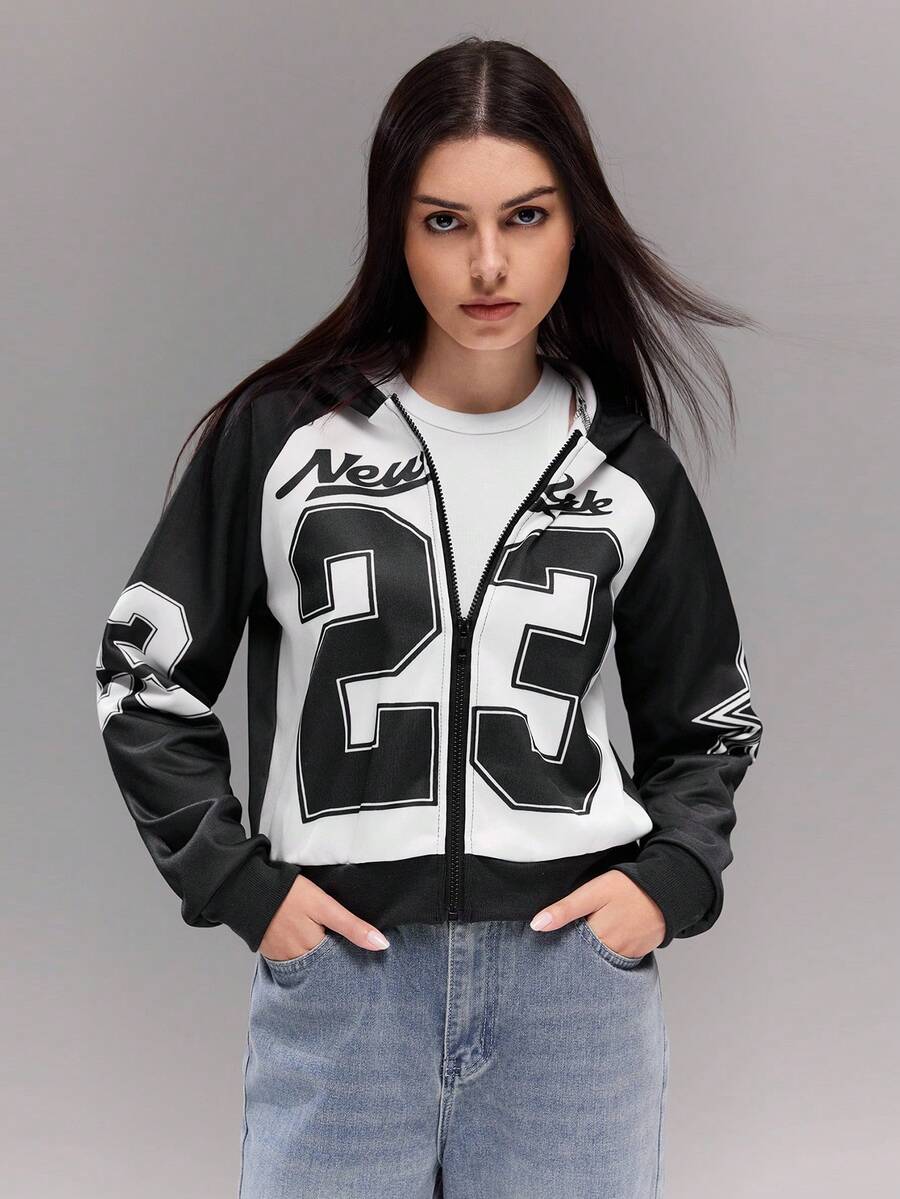 Teen GirlCasual Brand Knitted Digital Positioning Letter Hooded Raglan Sleeve Positioning Star American Retro Versatile Patchwork Zip-Up Jacket - Multicolor - View 1