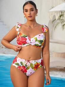 Swim Vcay Bikini đi biển thường ngày họa tiết hoa cỡ lớn cho nữ 2 mảnh cắt thấp có dây đeo có thể điều chỉnh - trắng - Xem 4