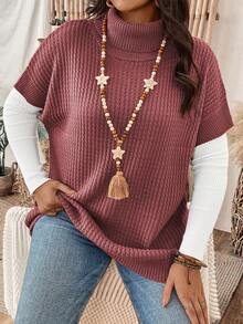 Plus Size Solid Color Turtleneck Batwing Sleeve Knit Top, Casual For Autumn/Winter - Dusty Pink - View 3