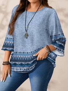 EMERY ROSE Áo sơ mi tay 3/4 cổ tròn in họa tiết toàn thân cỡ lớn dành cho nữ, mùa thu/đông - Màu xanh lam - Xem 6