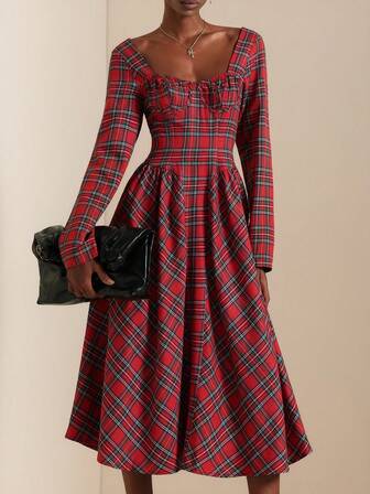 SHEIN Veneréa Women's Fashionable Sexy Elegant Plaid Christmas Long Dress Checkered Dress Dress Midi