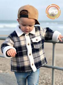 SHEIN Baby Boy/Girl Retro British Style Blue & White Plaid Fleece Patchwork Jacket, Fashion Casual Autumn/Winter Fall - Blue and White - View 1