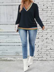 EMERY ROSE Camiseta de manga larga con cuello en V, estampado de rayas de colores y parches, talla grande para mujer, nueva llegada para otoño/invierno - Azul Marino - Ver 3