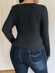 Vibekara Áo thun ngắn tay màu trơn viền ren cỡ lớn, áo thun dài tay màu đen - màu đen - Xem 2