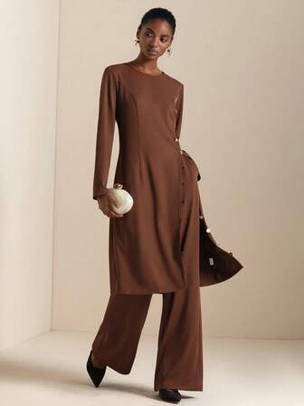 SHEIN Veneréa Dammode i metalldekor, långärmad topp och vida byxor, elegant 2-delat set