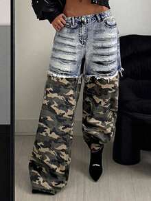 StreetHx Women's Camouflage Print Distressed Pocket Loose Fit Jeans - Multicolor - View 7